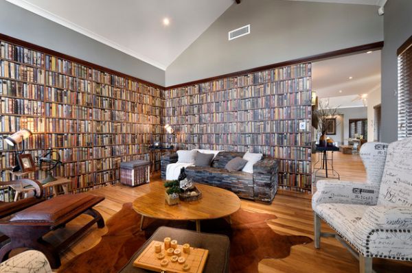Full walls of bookshelf wallpaper