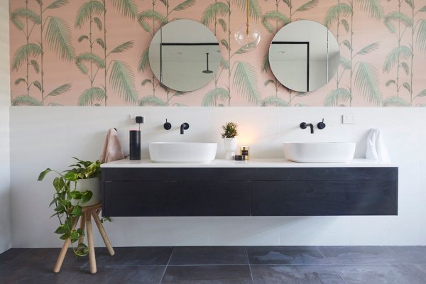 Challenge Apartment The Block 2018 - Bianca & Carla Ensuite - Pink Palm Tree Wallpaper